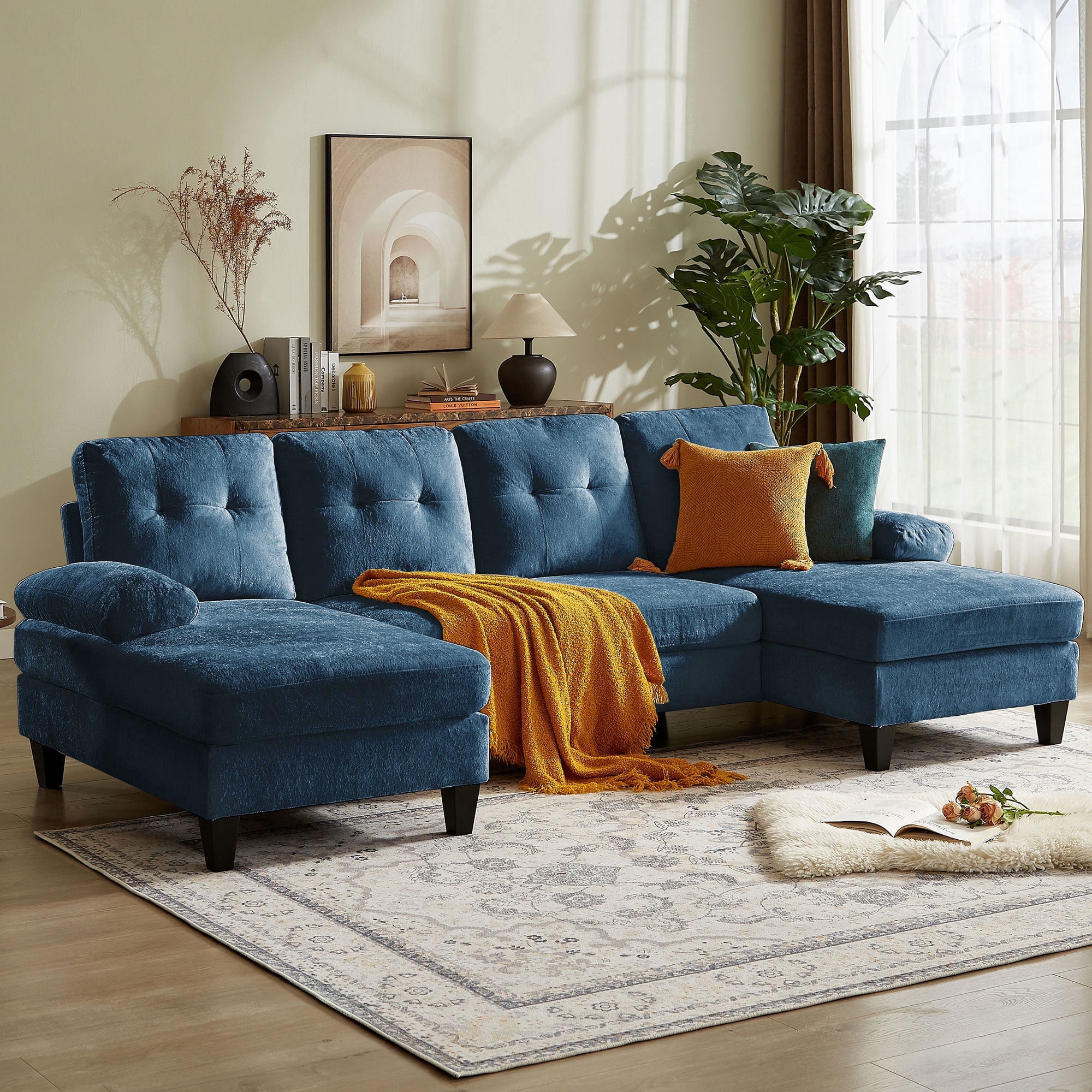 Soscana 105" Sectional Sofa U Shaped Couch with Double Chaise, Modern Chenille Sofa Oversized 4 Seater Couch for Living Room, Apartment, Office, Studio