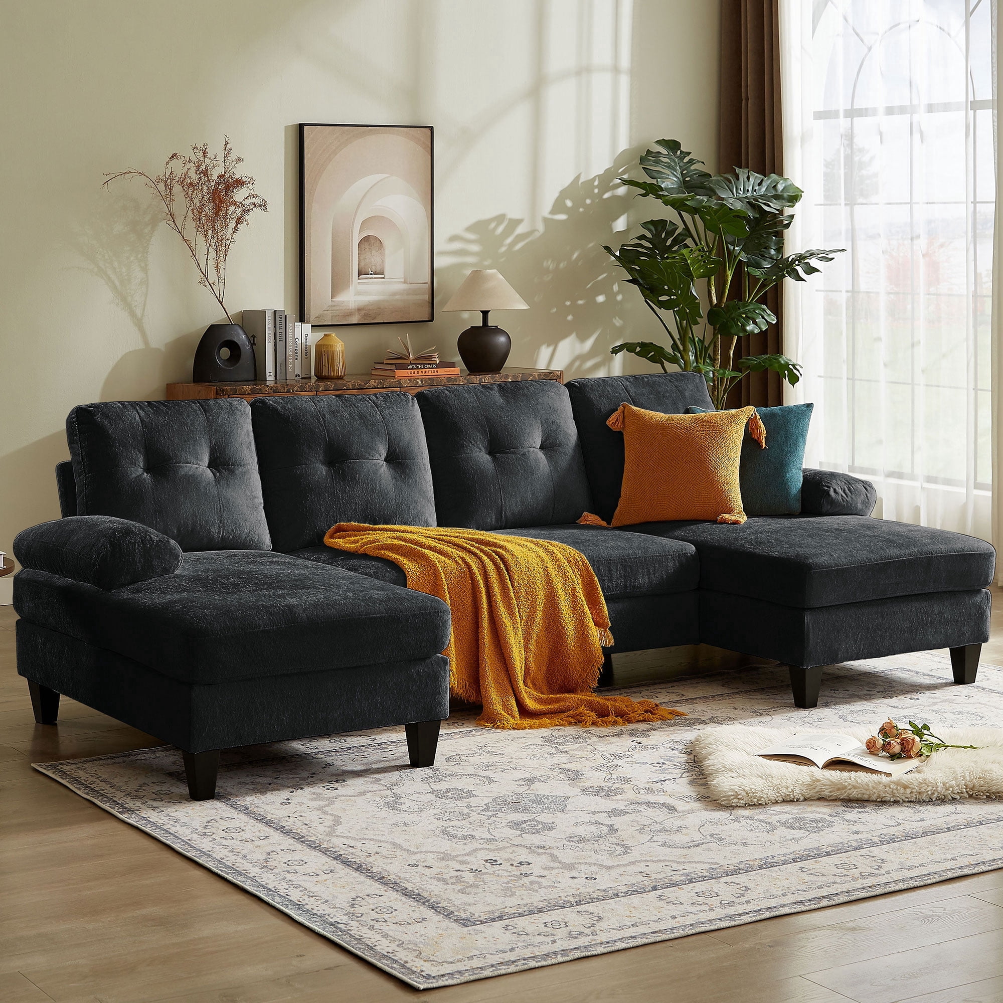 Soscana 105" Sectional Sofa U Shaped Couch with Double Chaise, Modern Chenille Sofa Oversized 4 Seater Couch for Living Room, Apartment, Office, Studio