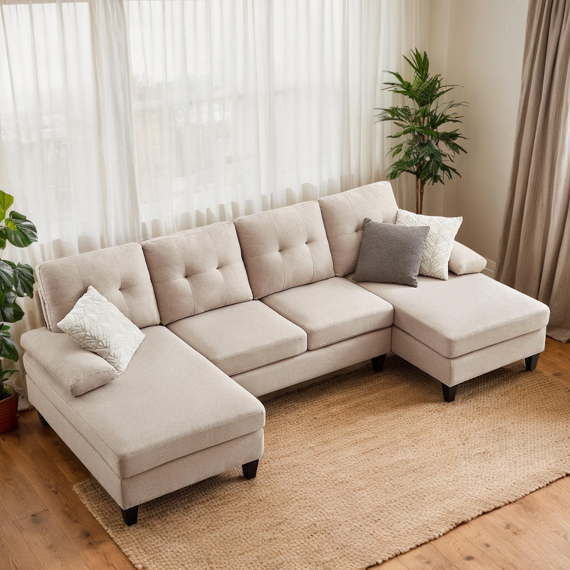 Soscana 105" Sectional Sofa U Shaped Couch with Double Chaises, Modern Linen Sofa Oversized 4 Seater Couch for Living Room, Apartment, Office, Studio