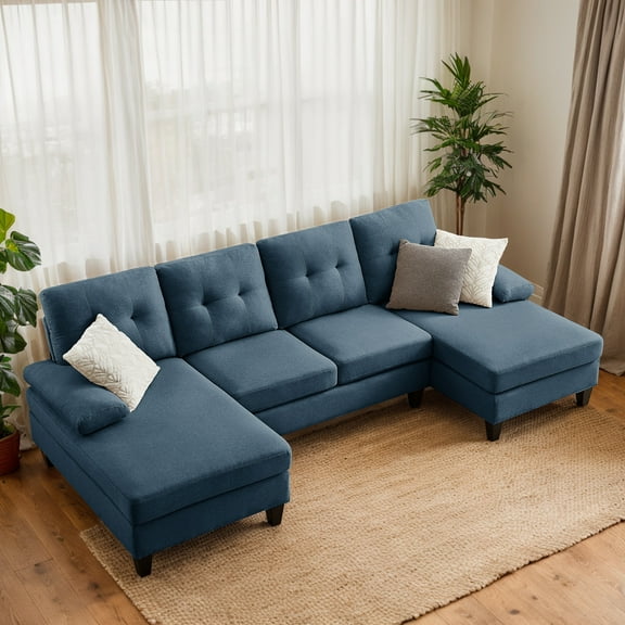 Soscana 110" Sectional Sofa U Shaped Couch with Double Chaise and Zippered Armrest Pillows, Modern Linen Sofa Oversized 4 Seater Couch for Living Room, Apartment, Office, Studio