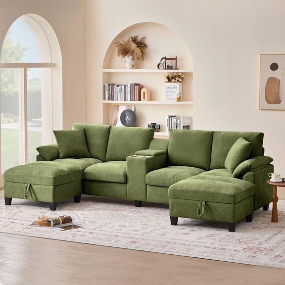Soscana 116" Chenille Oversized U Shaped Modular Sectional Sofa for Living Room,4 Seater Couch with Multifunctional Console & USB Ports & Cup Holders,Comfy Sofa with Double Chaise and Storage, Green