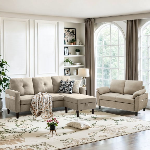 Soscana 3 Piece Living Room Furniture Set,Modern Linen Sectional Sofa with Storage Ottoman and Loveseat,3 Seater Couch with Footstool and Double Seater Small Couch for Living Room, Office, Apartment