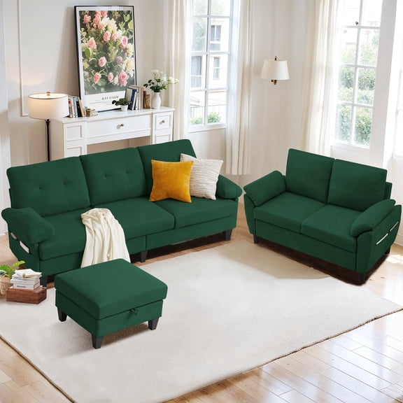 Soscana 2 Piece Living Room Furniture Set,Modern Linen Small L Shaped Couch Sectional Sofa with Storage Ottoman and Loveseat for Living Room, Office, Apartment