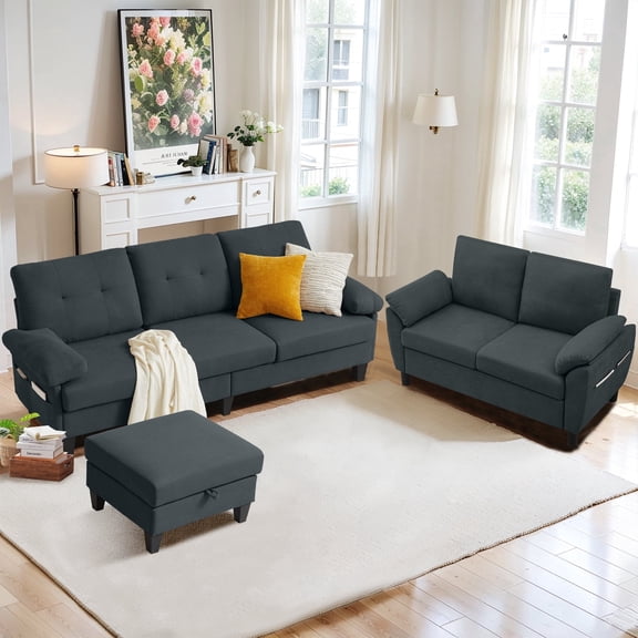 Soscana 2 Piece Living Room Furniture Set,Modern Linen Small L Shaped Couch Sectional Sofa with Storage Ottoman and Loveseat for Living Room, Office, Apartment