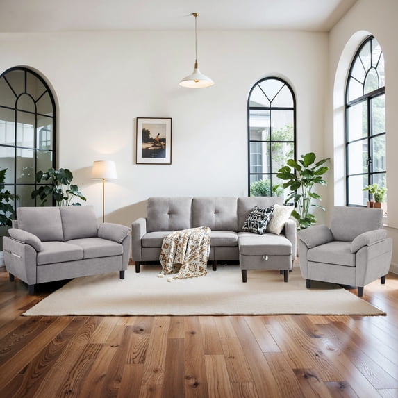 Soscana 3 Piece Living Room Furniture Set, Modern Linen Small L Shaped Couch Sectional Sofa with Storage Ottoman, 3-Seater Sofa & Loveseat & Armchair for Living Room, Office, Apartment