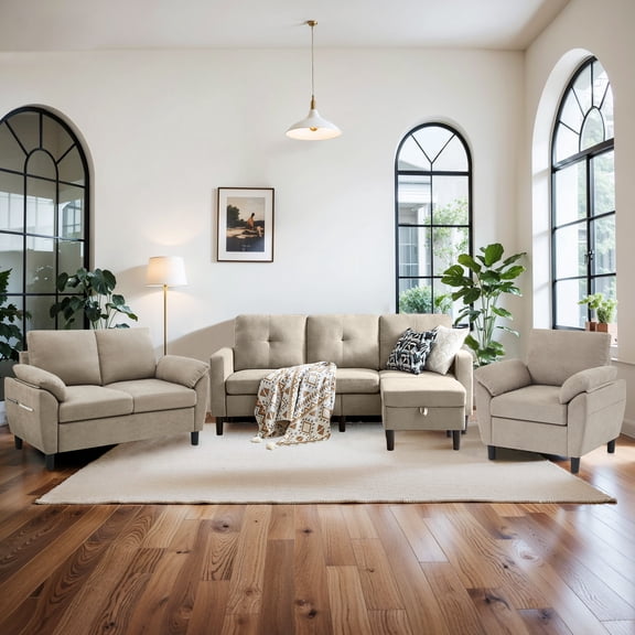 Soscana 3 Piece Living Room Furniture Set, Modern Linen Small L Shaped Couch Sectional Sofa with Storage Ottoman, 3-Seater Sofa & Loveseat & Armchair for Living Room, Office, Apartment