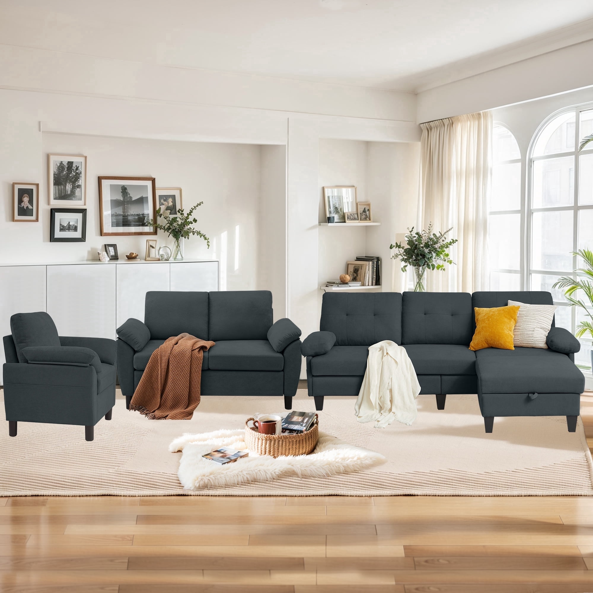 Soscana 3 Piece Sectional Sofa Set, Modern Linen Small L Shaped Couch ...