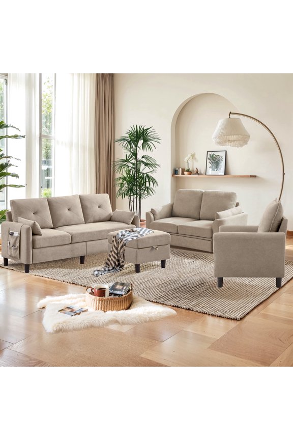 4 Piece Sofa Set,Convertible Sectional Sofa Couch with Storage Ottoman and Storage Pockets, L Shaped 3 Seater+Reversible Ottoman+Loveseat+Accent Chair,Living Room Furniture Set for Apartment