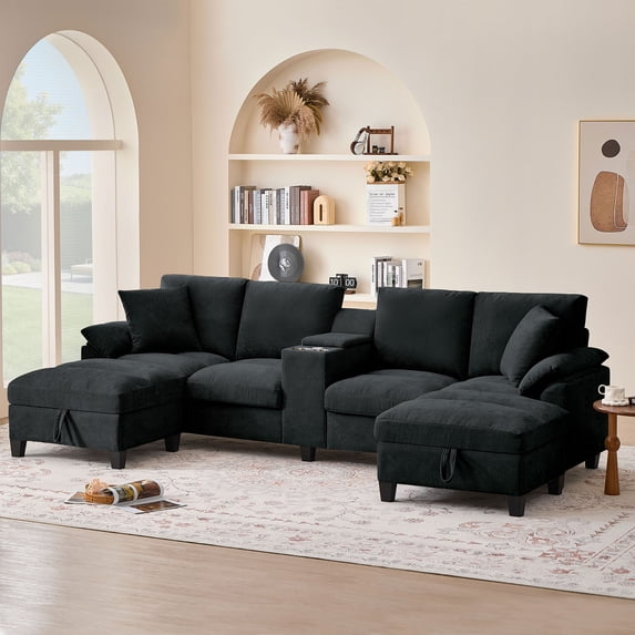 Soscana 116" Chenille Oversized U Shaped Modular Sectional Sofa for Living Room,4 Seater Couch with Multifunctional Console & USB Ports & Cup Holders,Comfy Sofa with Double Chaise and Storage, Black