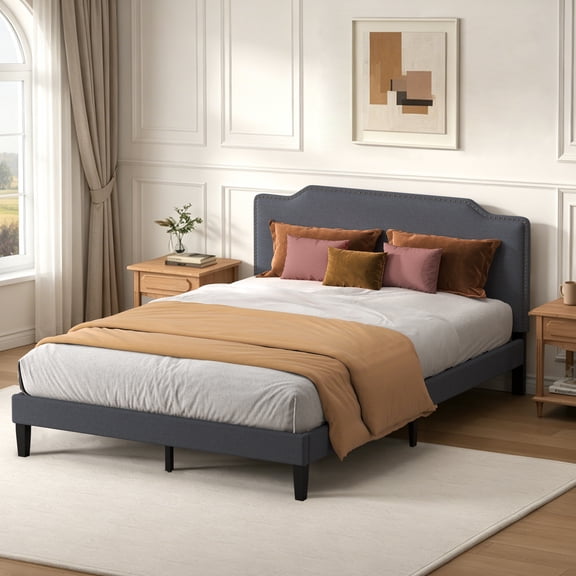 Soscana Bed Frame with Upholstered Headboard, Queen Size Bed Frame with Adjustable Headboard & Adjustable Feet & Wooden Slats Support,Easy Assembly,Non-Slip Without Noise