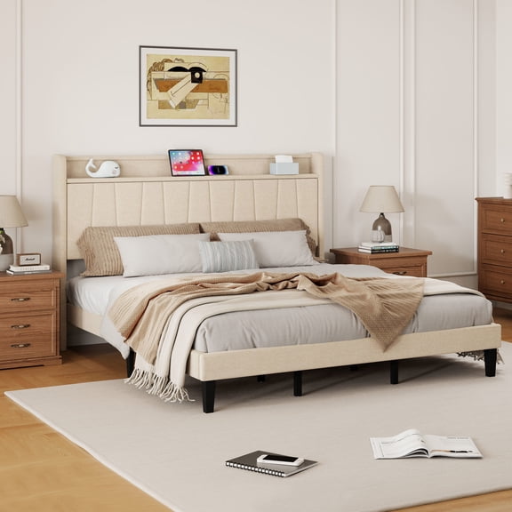 Soscana Bed Frame with Upholstered Headboard, King Size Bed Frame with Storage Shelf and Adjustable Feet,Easy to Assemble,Non-Slip Without Noise