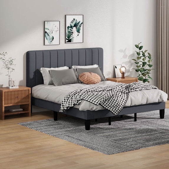 Soscana Bed Frame with Upholstered Headboard, King Size Platform Bed Frame with Adjustable Headboard & Adjustable Feet & Wooden Slats Support,Easy Assembly,Non-Slip Without Noise