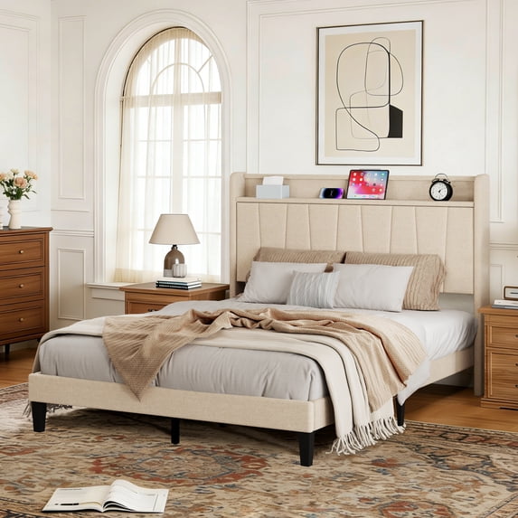 Soscana Bed Frame with Upholstered Headboard, Queen Size Bed Frame with Storage Shelf and Adjustable Feet,Easy to Assemble,Non-Slip Without Noise