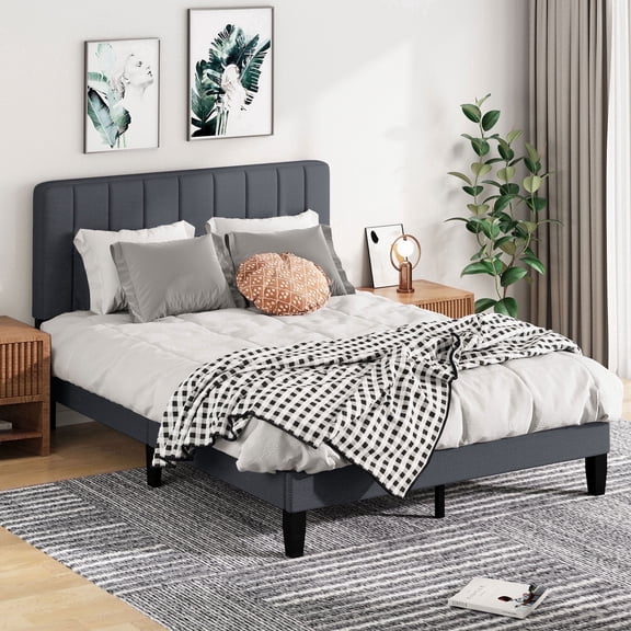 Soscana Bed Frame with Upholstered Headboard, Queen Size Platform Bed Frame with Adjustable Headboard & Adjustable Feet & Wooden Slats Support,Easy Assembly,Non-Slip Without Noise