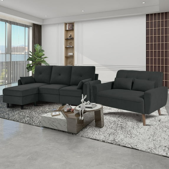 Soscana Convertible L Shaped Sectional Sofa and Loveseat, 3 Seat Sofa Couch with Storage Ottoman and Love Seat, Living Room Furniture Set for Home Office Apartment
