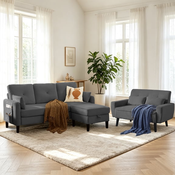 Soscana Convertible L Shaped Sectional Sofa with Storage Ottoman and Loveseat, Modern 3 Seater Couch Love Seat for Living Room Apartment Studio Office,Living Room Furniture Set,Dark Gray