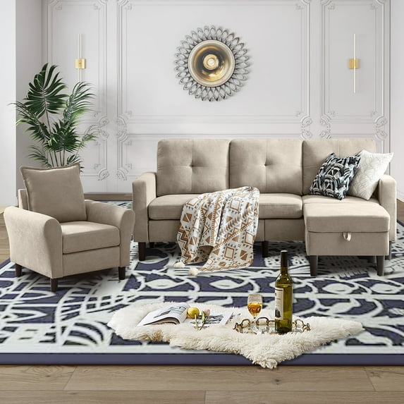 Soscana Sectional Sofa 3 Seat L Shaped Couch with Storage Ottoman & Accent Chair,Modern Living Room Furniture Set for Small Space Home Apartment Office Studio