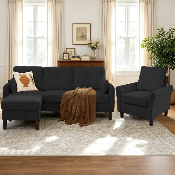 Soscana Corduroy Living Room Furniture Set,Convertible Sectional Sofa with Storage Ottoman & Accent Chair,3 Seat L Shaped Couch with Reversible Chaise & Side Pockets, for Living Room Office Apartment