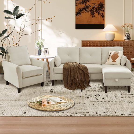 Soscana Convertible Sectional Sofa & Accent Chair,3 Seat L Shaped Couch with Reversible Storage Ottoman&Side Pockets, for Living Room Office Apartment Apt