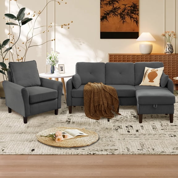 Soscana Convertible Sectional Sofa & Accent Chair,3 Seat L Shaped Couch with Reversible Storage Ottoman&Side Pockets, for Living Room Office Apartment Apt
