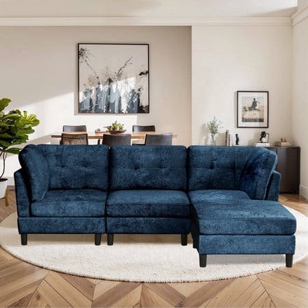Soscana 99" Sectional Sofa Couch with Reversible Ottoman for Living Room,Chenille L Shaped 4 Seater,Fits for Living Room,Apartment,Office,Studio, Blue