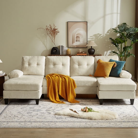 Soscana 105" Sectional Sofa Couch with Double Chaises for Living Room,Chenille U Shaped 4 Seater,Fits for Living Room,Apartment,Office,Studio, Beige