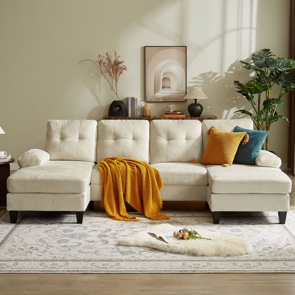 Soscana 105" Sectional Sofa Couch with Double Chaises for Living Room,Chenille U Shaped 4 Seater,Fits for Living Room,Apartment,Office,Studio, Beige