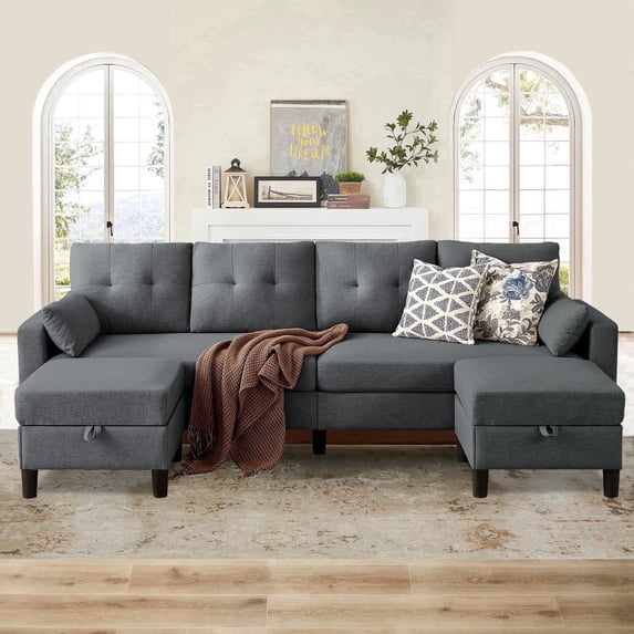 Soscana 101" Sectional Sofa with 2 Storage Ottoman,U Shaped 4 Seat Couch with Reversible Footstool and Side Pockets,Modern Convertible Sofa Couch for Living Room Home Apartment Office Studio