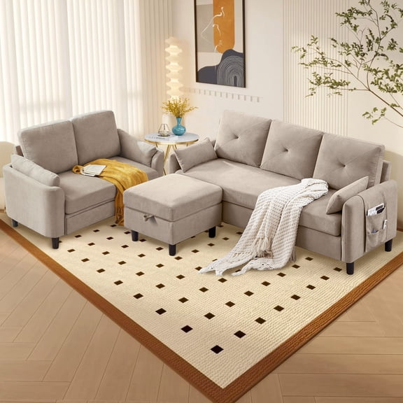 Soscana Convertible Sectional Sofa with Storage Ottoman and Loveseat, 3 Seater L Shaped Couch with Reversible Chaise and Storage Pockets for Living Room Apartment Studio Office,Beige