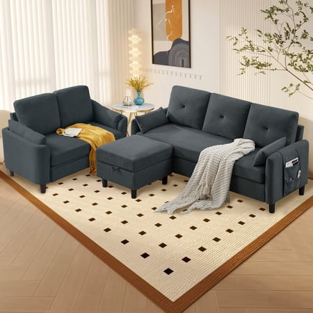 Soscana Convertible Sectional Sofa with Storage Ottoman and Loveseat, 3 Seater L Shaped Couch with Reversible Chaise and Storage Pockets for Living Room Apartment Studio Office,Dark Gray