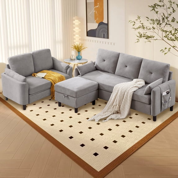 Soscana Convertible Sectional Sofa with Storage Ottoman and Loveseat, 3 Seater L Shaped Couch with Reversible Chaise and Storage Pockets for Living Room Apartment Studio Office,Light Gray