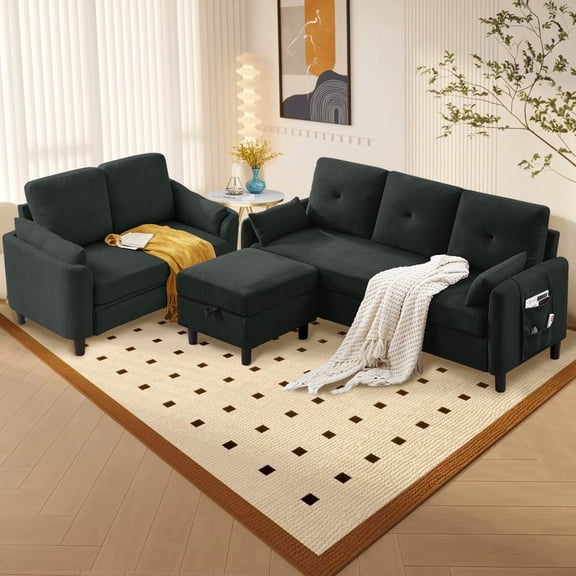 Soscana Convertible Sectional Sofa with Storage Ottoman and Loveseat, 3 Seater L Shaped Couch with Reversible Chaise and Storage Pockets for Living Room Apartment Studio Office,Black