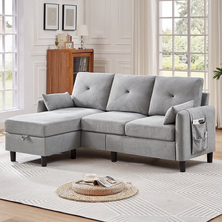 Soscana Convertible Sectional Sofa with Storage Ottoman and Side Pocket,3 Seat L-shaped Sofa Couch with Armrest Pillows,Modern Sofa Couch with Chaise for Living Room Apartment Office Small Space