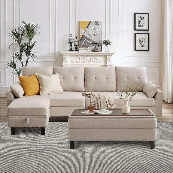 Soscana Sectional Sofa with 2 Storage Ottoman,4 Seat L Shaped Couch with Coffee Table Ottoman,Modern Linen Sofa Couch with Footstool and Side Pockets for Living Room,Apartment,Office,Studio,Beige