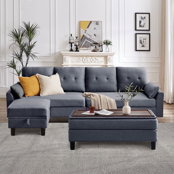 Soscana Sectional Sofa with 2 Storage Ottoman,4 Seat L Shaped Couch with Coffee Table Ottoman,Modern Linen Sofa Couch with Footstool and Side Pocket for Living Room,Apartment,Office,Studio,Light Gray