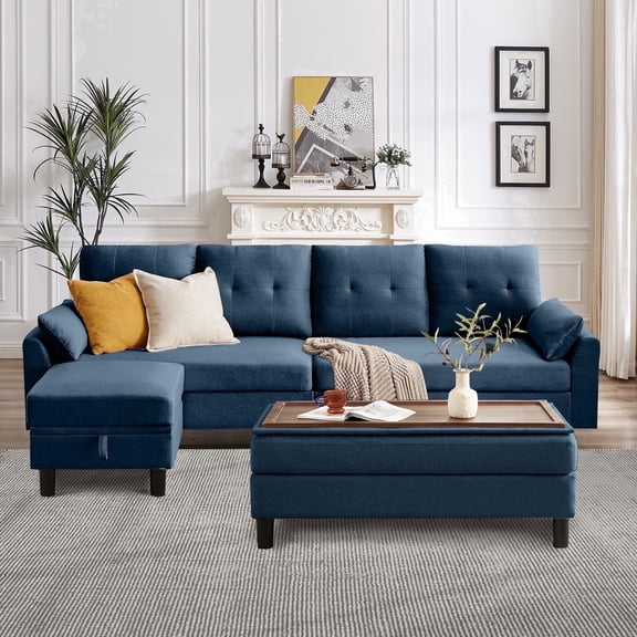 Soscana Sectional Sofa with 2 Storage Ottoman,4 Seat L Shaped Couch with Coffee Table Ottoman,Modern Linen Sofa Couch with Footstool and Side Pocket for Living Room,Apartment,Office,Studio,Blue