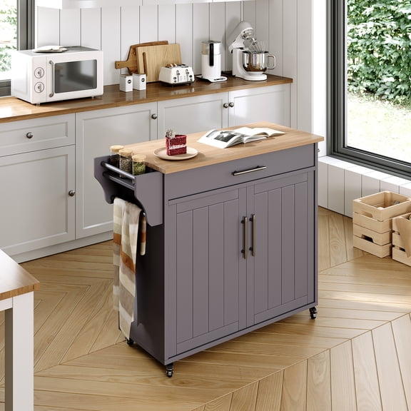Soscana Kitchen Island Storage,Rolling Kitchen Island with Wheels,Kitchen Cart with Storage Rack & Drawer,Solid Wood Countertop,Kitchen Kitchenware Storage Rack Operation Console,Gray