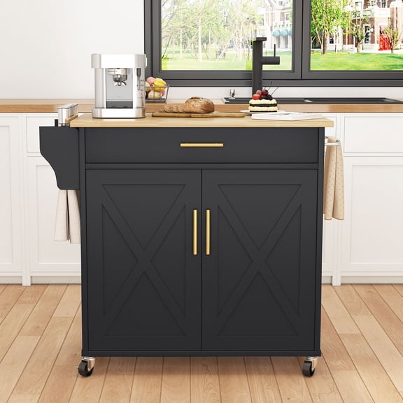 Soscana Kitchen Island Table Stand with Storage on Wheels,Rolling Kitchen Cart Storage Cabinet with Drawer,Black