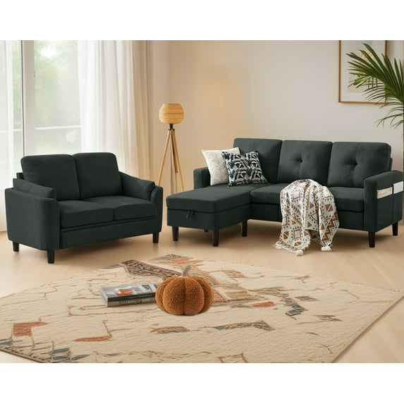Soscana Living Room Furniture Set,Sectional Sofa with Storage Ottoman and Loveseat for Home Apartment Studio Office,L Shaped 3 Seat Couch with Footstool and 2 Seat Love Seat