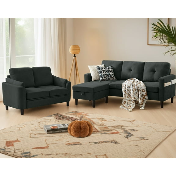 Soscana Living Room Furniture Set,Sectional Sofa with Storage Ottoman and Loveseat for Home Apartment Studio Office,L Shaped 3 Seat Couch with Footstool and 2 Seat Love Seat