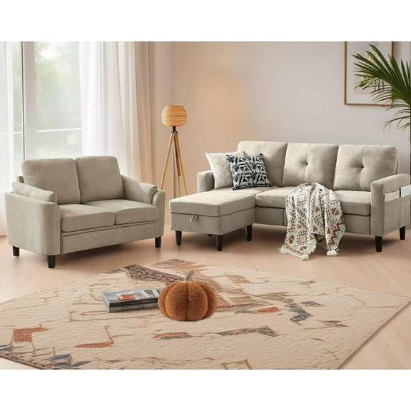 Soscana Living Room Furniture Set,Sectional Sofa with Storage Ottoman and Loveseat for Home Apartment Studio Office,L Shaped 3 Seat Couch with Footstool and 2 Seat Love Seat