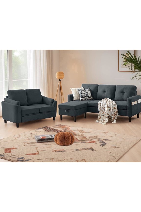 Living Room Furniture Set,Sectional Sofa with Storage Ottoman and Loveseat for Home Apartment Studio Office,L Shaped 3 Seat Couch with Footstool and 2 Seat Love Seat