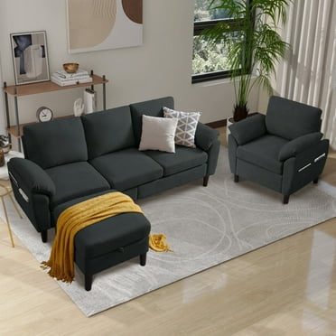 Soscana Living Room Furniture 2 Piece Set,Sectional Sofa Couch with Storage Ottoman and Accent Chair,Black