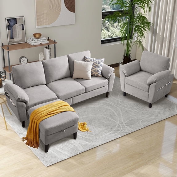 Soscana Living Room Furniture 2 Piece Set,Sectional Sofa Couch with Storage Ottoman and Accent Chair,Light Gray
