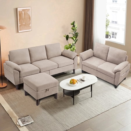 Soscana Living Room Furniture 2 Piece Set,Sectional Sofa Couch with Storage Ottoman and Double Seater Loveseat,Beige