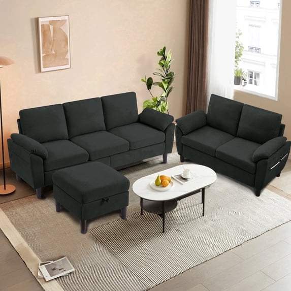 Soscana Living Room Furniture 2 Piece Set,Sectional Sofa Couch with Storage Ottoman and Double Seater Loveseat,Black