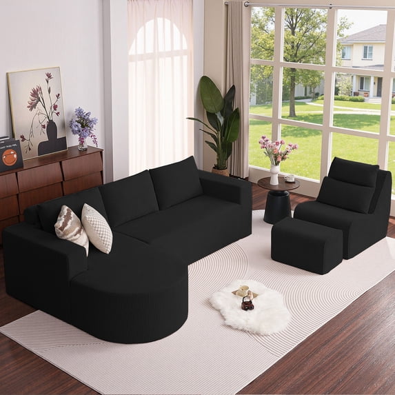 Soscana Living Room Furniture Set,3 Piece Bornless Sofa Set,L Shaped Corduroy Couch with Single Lounge Chair & Ottoman, Modular Sectional Sofa with Movable Footstool for Living Room,Apartment