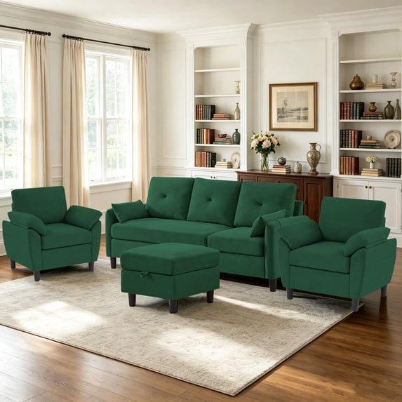 Soscana Living Room Furniture Set, Convertible L Shaped Sofa Couch with Storage Ottoman and 2 PCS Accent Chair,3 Seat Small Sofa with Storage Pocket and Armchair Set for Living Room,Office,Apartment