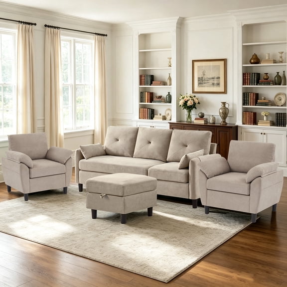 Soscana Living Room Furniture Set, Convertible L Shaped Sofa Couch with Storage Ottoman and 2 PCS Accent Chair,3 Seat Small Sofa with Storage Pocket and Armchair Set for Living Room,Office,Apartment