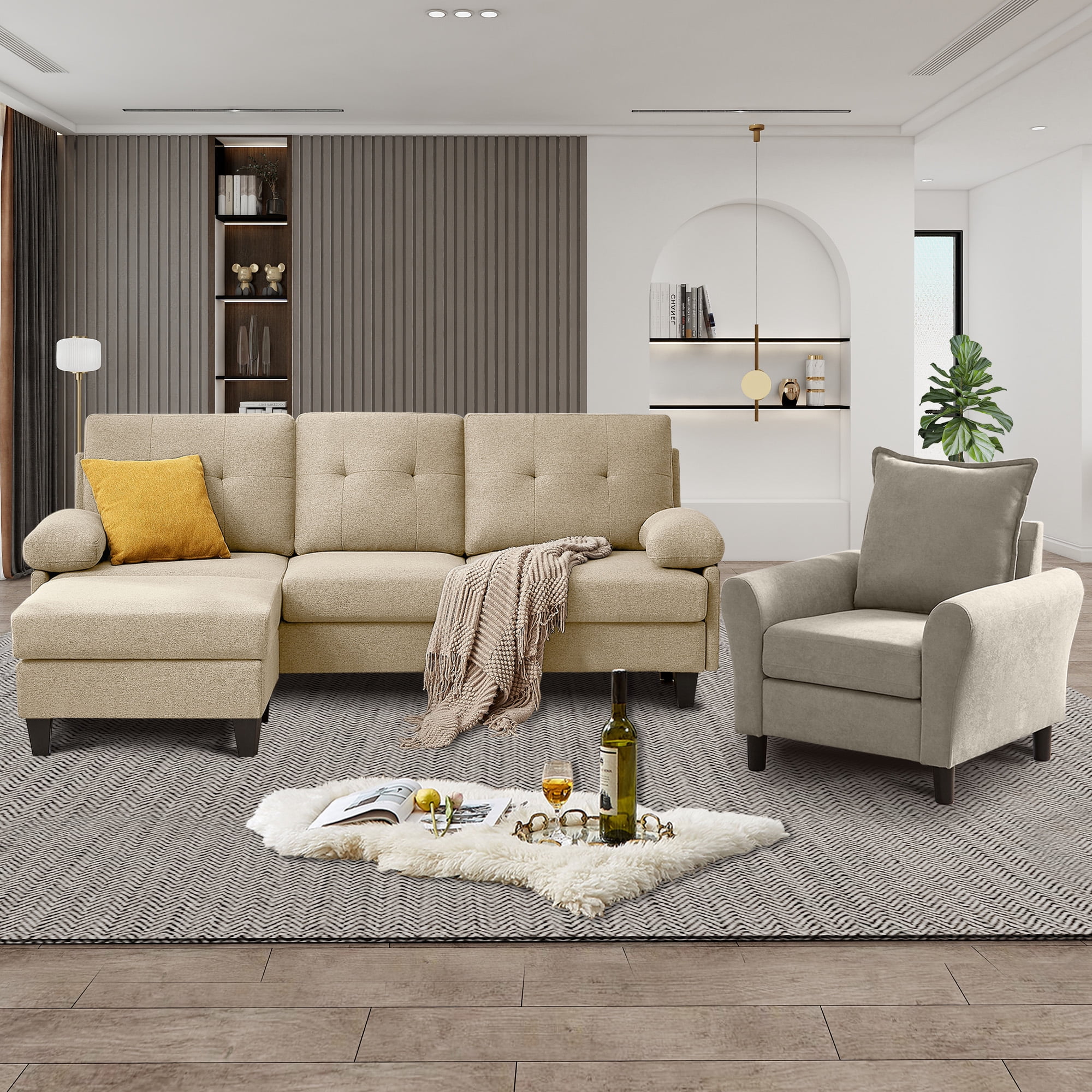 Soscana Living Room Set Convertible Sectional Sofa Set with Reversible Ottoman Accent Chair 3 Seater L Shaped Couch with Side Storage Pocket